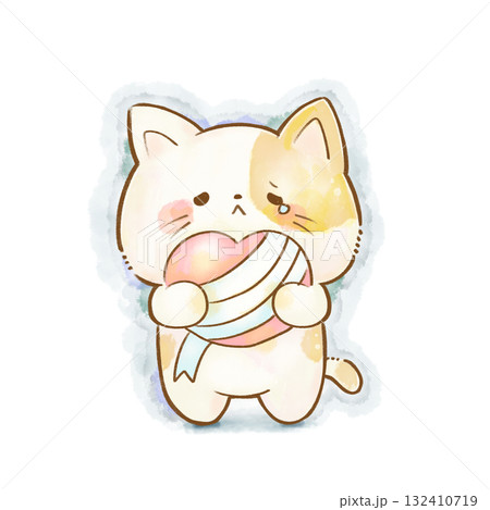 水彩の猫のイラスト 包帯を巻いたハートを抱える猫(心のケア・回復) 水彩の猫のイラスト 包帯を巻いたハートを抱える猫(心のケア・回復) 132410719