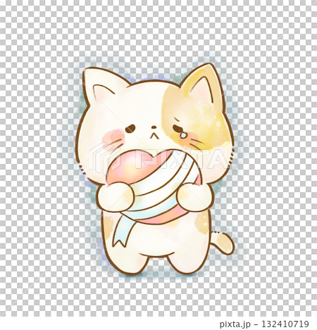 水彩の猫のイラスト 包帯を巻いたハートを抱える猫(心のケア・回復) 水彩の猫のイラスト 包帯を巻いたハートを抱える猫(心のケア・回復) 132410719