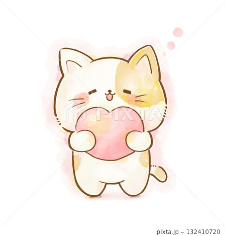 水彩の猫のイラスト ハートを抱えて笑顔の猫(愛・幸福・やさしさ) 水彩の猫のイラスト ハートを抱えて笑顔の猫(愛・幸福・やさしさ) 132410720