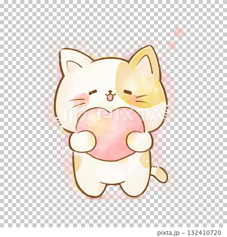 水彩の猫のイラスト ハートを抱えて笑顔の猫(愛・幸福・やさしさ) 水彩の猫のイラスト ハートを抱えて笑顔の猫(愛・幸福・やさしさ) 132410720