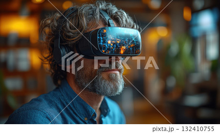 Man Using VR Glasses High-Tech Control Room. Focused man wearing VR goggles futuristic control room glowing interface elements Man Using VR Glasses High-Tech Control Room. Focused man wearing VR goggles futuristic control room glowing interface elements 132410755