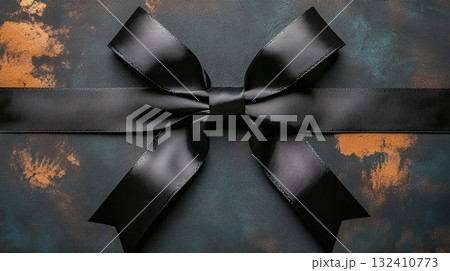 Elegant black satin ribbon in a bow shape on a black background, symbolizing mourning or grief. 132410773