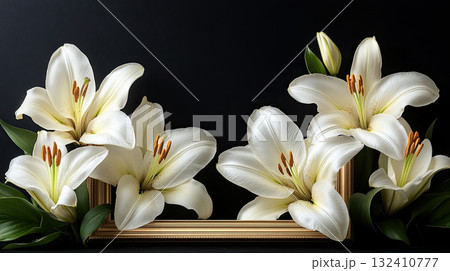 Empty golden frame surrounded by white lilies on a black background, symbolic of remembrance or tribute. Empty golden frame surrounded by white lilies on a black background, symbolic of remembrance or tribute. 132410777