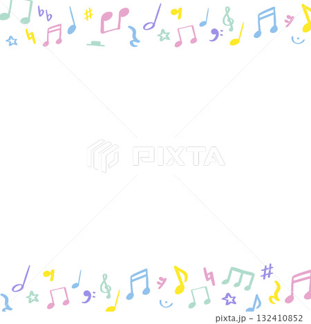 手描きのシンプルでカラフルな音符と音楽記号の背景フレームイラスト 四角・正方形 手描きのシンプルでカラフルな音符と音楽記号の背景フレームイラスト 四角・正方形 132410852