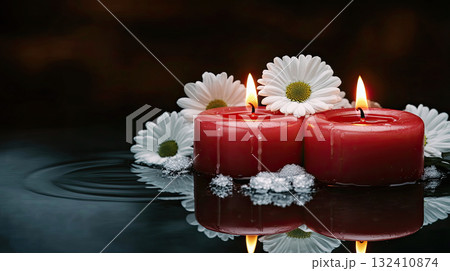 Beautiful red roses and candle on table against black background. Funeral symbol. Burning candle placed between two white roses dark surface, symbolizing remembrance. Beautiful red roses and candle on table against black background. Funeral symbol. Burning candle placed between two white roses dark surface, symbolizing remembrance. 132410874
