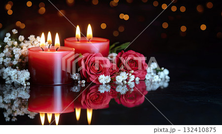 Beautiful red roses and candle on table against black background. Funeral symbol. Burning candle placed between two white roses dark surface, symbolizing remembrance. Beautiful red roses and candle on table against black background. Funeral symbol. Burning candle placed between two white roses dark surface, symbolizing remembrance. 132410875