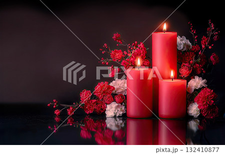 Beautiful red roses and candle on table against black background. Funeral symbol. Burning candle placed between two white roses dark surface, symbolizing remembrance. 132410877