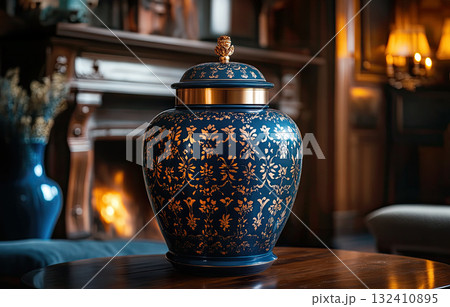 Mortuary urn with ribbon and flower on table against dark background. Dark ceramic urn placed beside soft pink rose 132410895