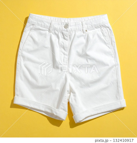 パステルイエローの背景に折りたたまれたコットンショーツの夏らしい構図 パステルイエローの背景に折りたたまれたコットンショーツの夏らしい構図 132410917