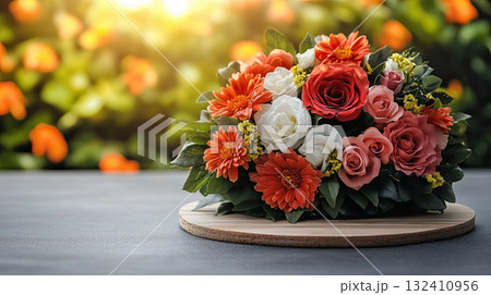 Funeral wreath carnation flowers black ribbon on wooden stand against grey background. Circular floral wreath composed white peach lush greenery 132410956