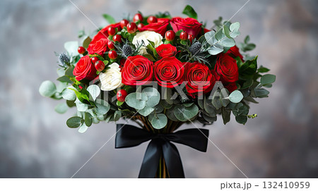 Funeral wreath carnation flowers black ribbon on wooden stand against grey background. Circular floral wreath composed white peach lush greenery Funeral wreath carnation flowers black ribbon on wooden stand against grey background. Circular floral wreath composed white peach lush greenery 132410959