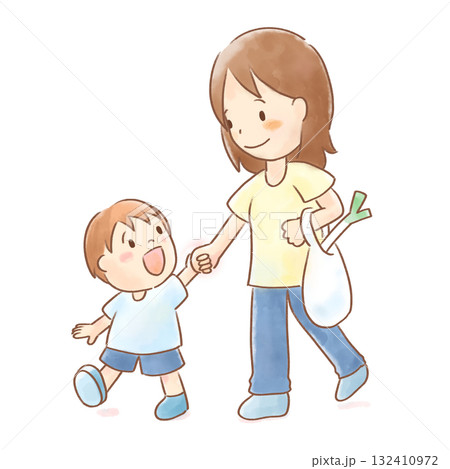 シングルマザーの母と子が手をつなぎ笑顔で歩いている水彩イラスト。透過背景・コピースペースあり 132410972