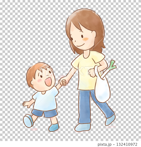 シングルマザーの母と子が手をつなぎ笑顔で歩いている水彩イラスト。透過背景・コピースペースあり 132410972