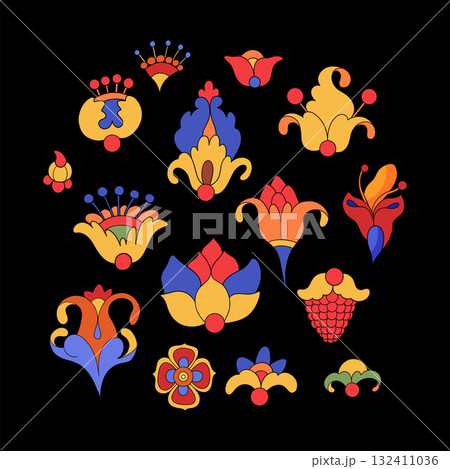 Graphic whimsical medieval floral elements Graphic whimsical medieval floral elements 132411036