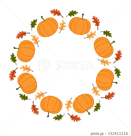 Autumn Pumpkin Wreath. National Pumpkin Day. Halloween holiday. Vector element for decoration, greeting card, invitation, banner, sale on white background. 132411118