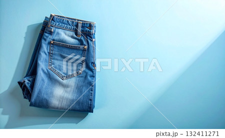 柔らかな自然光と影が映すデニムジーンズの静物イメージ 132411271