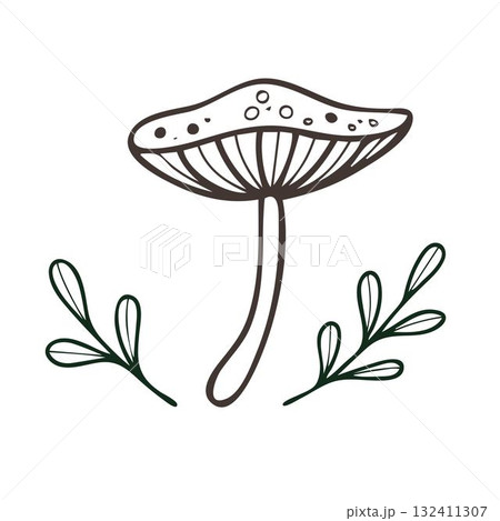 Vector non-AI mushroom and branches. Stylized mushroom and plant branches isolated on white background. Vector non-AI mushroom and branches. Stylized mushroom and plant branches isolated on white background. 132411307