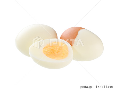 boiled chicken eggs and half boiled egg isolated on white background. 132411346