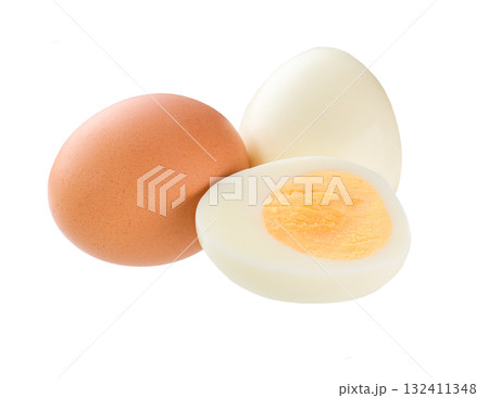 boiled chicken eggs and half boiled egg isolated on white background. 132411348