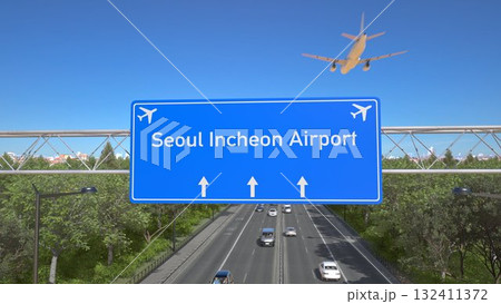 Blue motorway sign for Seoul Incheon Airport with an airliner flying above along the road toward the airport. 3D rendering Blue motorway sign for Seoul Incheon Airport with an airliner flying above along the road toward the airport. 3D rendering 132411372