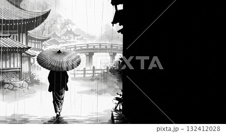 雨の夜に橋を渡る着物の女性のシルエット 132412028