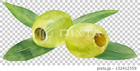 Green olives in oil and olive leaves watercolor illustration 132412359