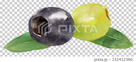 グリーンとブラックのオリーブの実　水彩イラスト 132412360