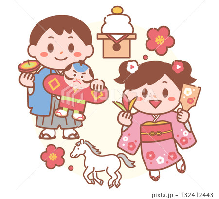 2026年午年お正月を過ごす子供のイラスト 132412443