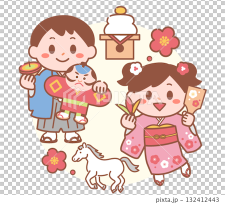 2026年午年お正月を過ごす子供のイラスト 132412443