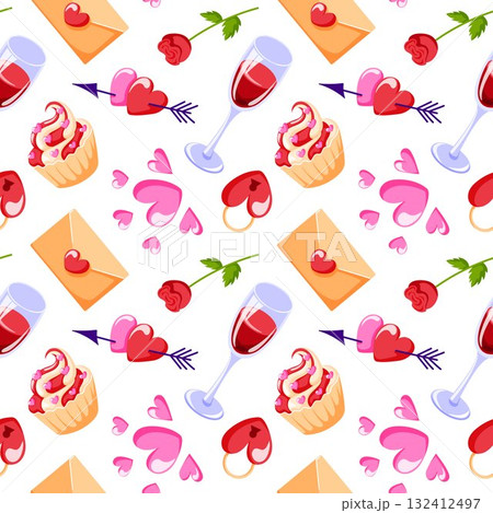 Seamless pattern with valentine day romantic element, heart, wine glass, cupcake, rose, envelope, arrow on white background in flat style. 132412497