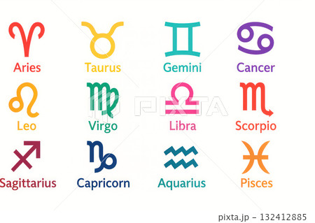 Zodiac signs with colorful symbols and names 132412885