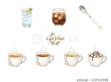 カフェメニューのドリンクイラスト素材セット カフェメニューのドリンクイラスト素材セット 132412896