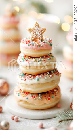 Colorful stacked donuts with festive sprinkles and a star-shaped cookie on top, creating a delightful dessert display for celebrations Colorful stacked donuts with festive sprinkles and a star-shaped cookie on top, creating a delightful dessert display for celebrations 132413203