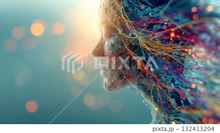 Half human, half machine head with colorful energy threads Half human, half machine head with colorful energy threads 132413204