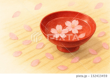 桜シリーズ：日本酒の杯と桜の花びら 132413459