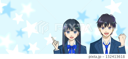 高校生または中学生の男女のアニメ風イラスト、爽やかな水色の星の背景、コピースペースあり 高校生または中学生の男女のアニメ風イラスト、爽やかな水色の星の背景、コピースペースあり 132413618