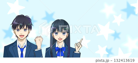 高校生または中学生の男女のアニメ風イラスト、爽やかな水色の星の背景、コピースペースあり 132413619