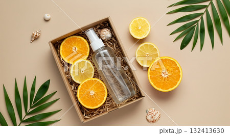 Refreshing summer vibes with citrus slices, seashells, and a spray bottle creating a light, airy, and natural spa atmosphere for skincare promotion 132413630