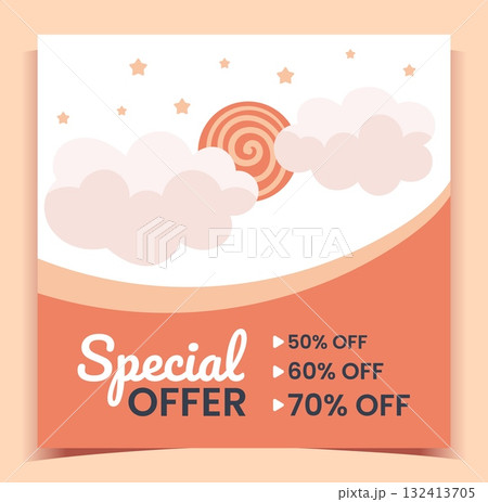 Baby shop, product promotion. Sale special offer, web social media post design, moon and stars in clouds, cute decorative background. Discount card. Vector cartoon isolated illustration 132413705