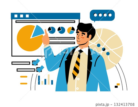 Business presentation. Manager show graphics and charts, planning and optimization process, brainstorming man in office. Minimalist design for web banner. Vector isolated illustration 132413708