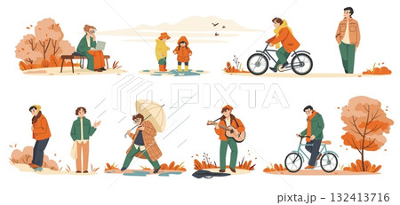 Autumn rain. People characters with umbrella, fall season weather in city. Couple, children on bicycle outdoors, rainy weather. Characters walking in park. Vector cartoon illustration 132413716