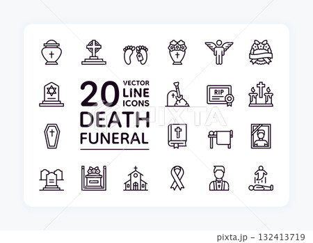 Funeral icons. Line death, religious bible and church, coffin service. Catholic, Christian church, graveyard religion memorial symbols. RIP sign pictograms collection. Vector outline set 132413719