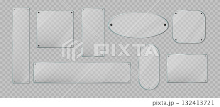 Glass sign. Name wall plate, clear display or board, tag sheet. Blank panel frame different forms, round, square and rectangular, stand plastic reflection. Vector isolated mockup Glass sign. Name wall plate, clear display or board, tag sheet. Blank panel frame different forms, round, square and rectangular, stand plastic reflection. Vector isolated mockup 132413721