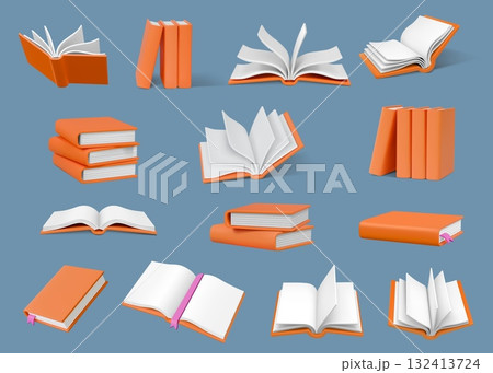 3d books. Open school library, education read render elements. Realistic dictionary cover pile, study paper notebooks or encyclopedia, education and knowledge vector isolated illustration 132413724