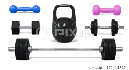 3d gym equipment. Fitness metal weight, realistic sport and health steel kettlebell and dumbbell for physical activity, workout and bodybuilding. Vector isometric render isolated set 132413725