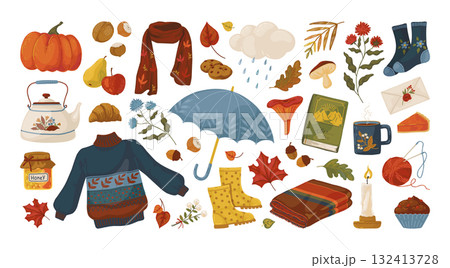 Autumn elements. Cozy fall clothes, season leaves, knit scarf and sweater, cute doodle leaf. Tea and boots. Decorative objects for design. Vector cartoon flat style isolated stickers set Autumn elements. Cozy fall clothes, season leaves, knit scarf and sweater, cute doodle leaf. Tea and boots. Decorative objects for design. Vector cartoon flat style isolated stickers set 132413728