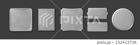 Metal plate. Silver, steel frame or iron sign square and round, screw plaque for logo, stainless chrome board emblems, surface template secured with screws. Vector badge isolated set Metal plate. Silver, steel frame or iron sign square and round, screw plaque for logo, stainless chrome board emblems, surface template secured with screws. Vector badge isolated set 132413736