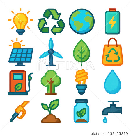 Eco friendly icons including recycling and renewable energy Eco friendly icons including recycling and renewable energy 132413859
