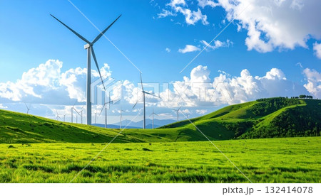 《AI画像》夏の青空と風力発電の風車がある風景 132414078