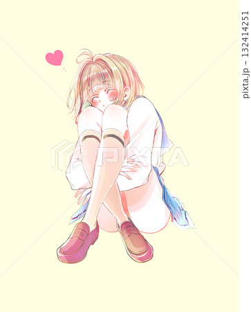足を抱え込んで目を閉じた女子学生　恋 132414251